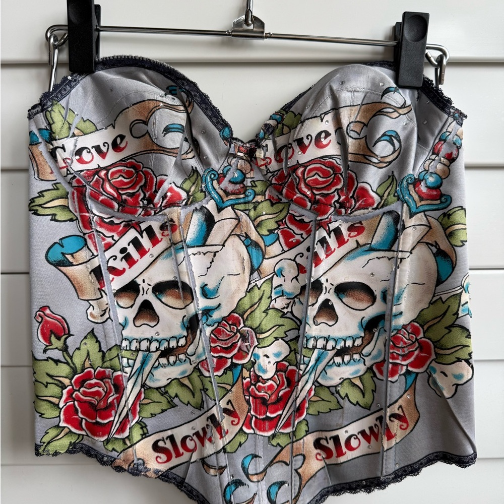 Kimikal Skull Bustier Corset Top, Red Roses, white silver green, denim tones